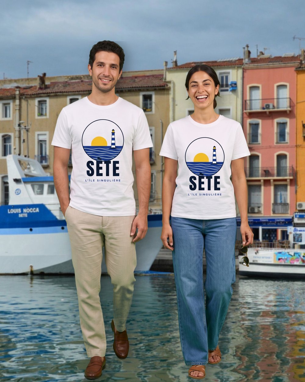Le duo porte le t-shirt Sète sur le quai